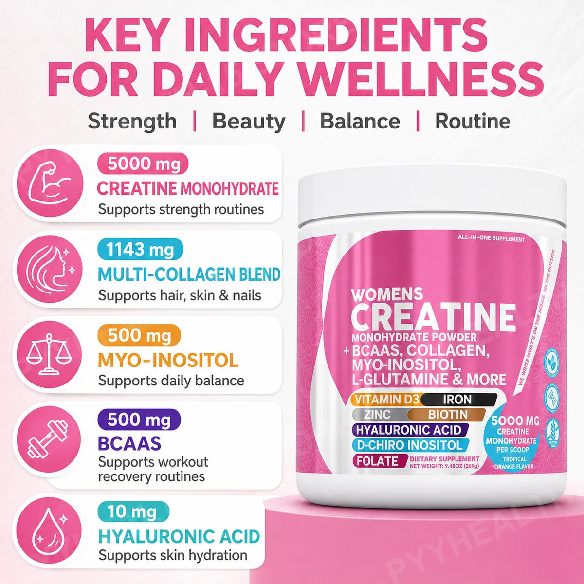 Key ingredients per scoop: 5000 mg creatine monohydrate, 1143 mg multi-collagen, 500 mg myo-inositol, 500 mg BCAAs, 10 mg hyaluronic acid