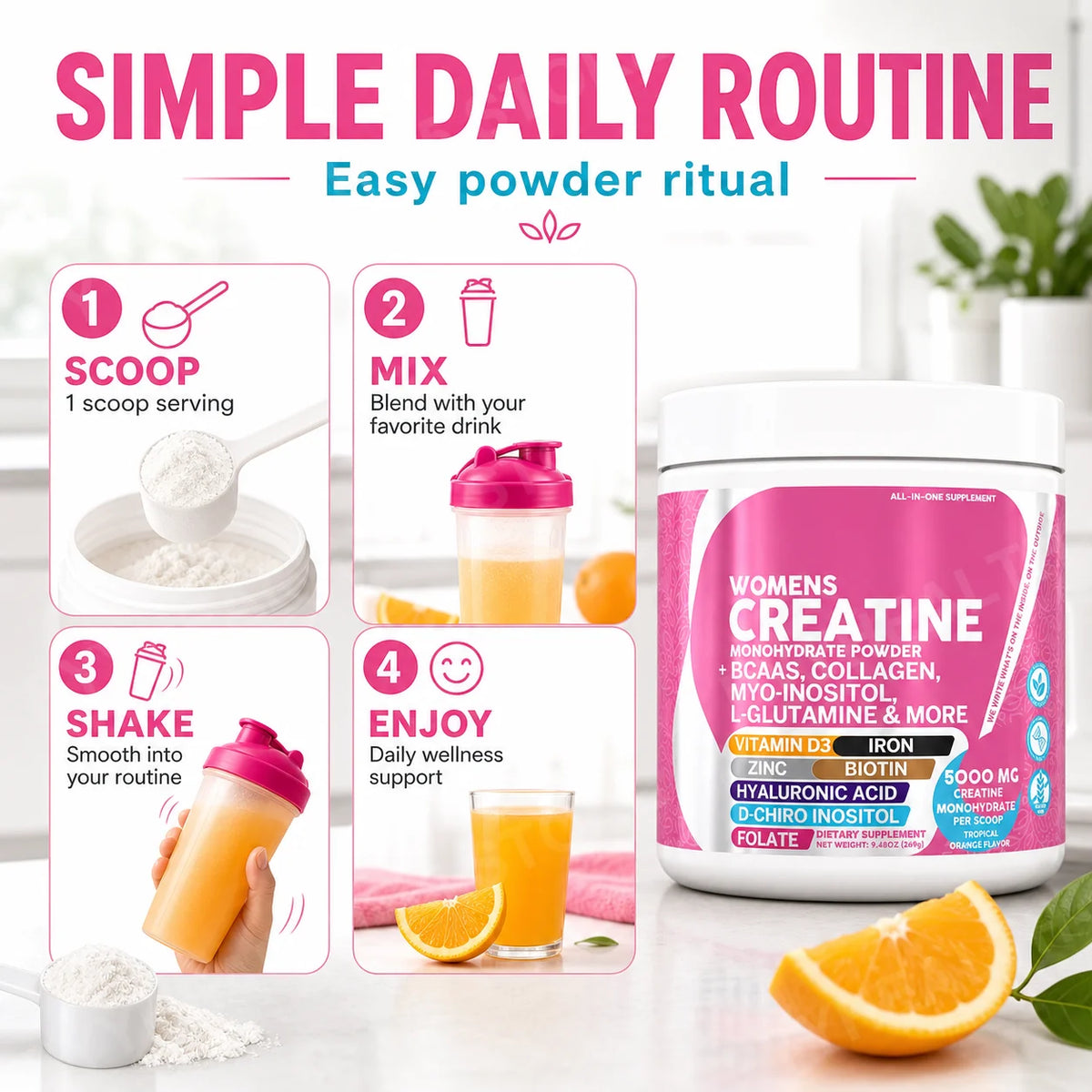 How to use in 4 steps: scoop 1 serving, mix into your favorite drink, shake, enjoy